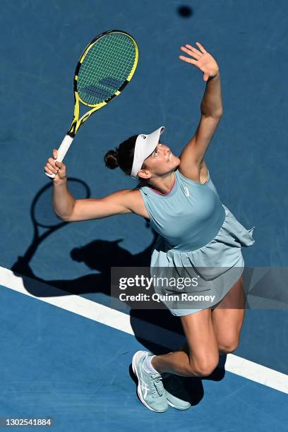 Jennifer Brady of the United States serves in her Women’s Singles Quarterfinals match against Jessica Pegula of the United States during day 10 of...