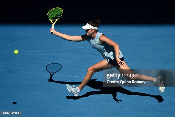 Jennifer Brady of the United States plays a forehand in her Women’s Singles Quarterfinals match against Jessica Pegula of the United States during...