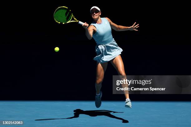 Jennifer Brady of the United States plays a forehand in her Women’s Singles Quarterfinals match against Jessica Pegula of the United States during...