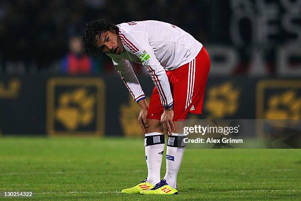 Paolo Guerrero of Hamburg reacts during the DFB Cup second round match between Eintracht Trier and Hamburger SV at Moselstadion on October 25, 2011...