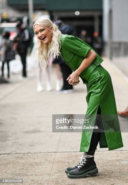Zanna Roberts Rassi is seen wearing a green top and skirt outside the Rebecca Minkoff show during New York Fashion Week F/W21 at Spring Studios on...