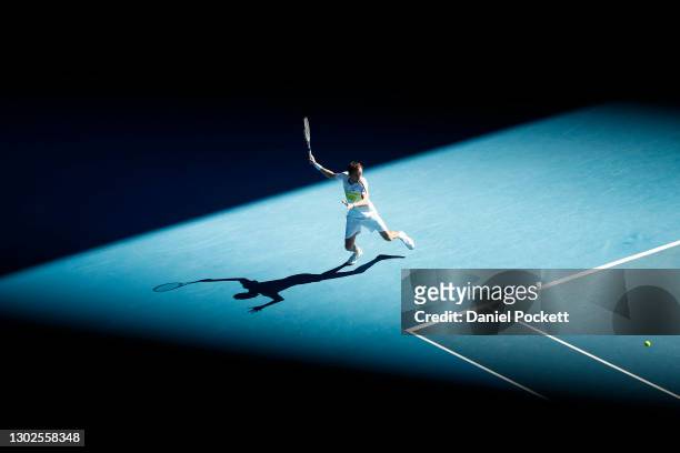 Daniil Medvedev of Russia plays a forehand in his Men’s Singles Quarterfinals match against Andrey Rublev of Russia during day 10 of the 2021...