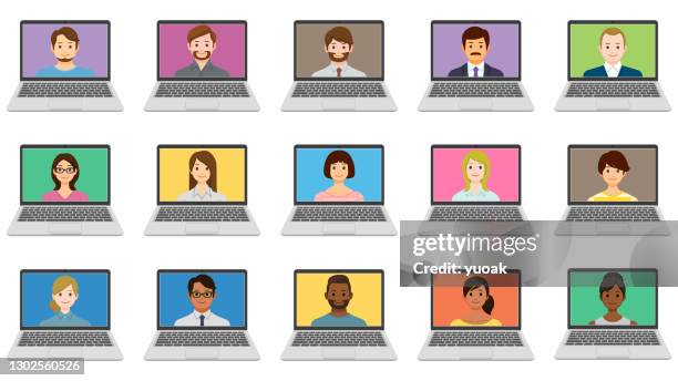 video conference icons set - using laptop front view stock illustrations