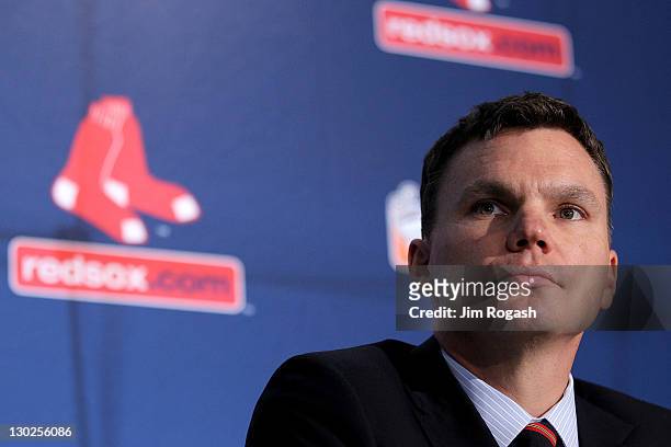Newly named Executive Vice President and General Manager of the Boston Red Sox Ben Cherington answers questions during a press conference at Fenway...
