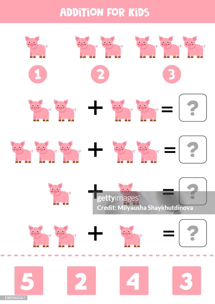 Addition Worksheet With Cute Farm Pig Math Game High-Res Vector Graphic ...