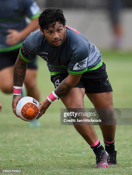 Issac Luke of the Maori All Stars looks to pass the ball during a Maori Men's All Star training session at Jack Manski Oval on February 17, 2021 in...