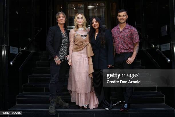 Keith Urban, Rita Ora, Jessica Mauboy and Guy Sebastian pose during a photo call for 'The Voice' at Rockpool restaurant on February 17, 2021 in...