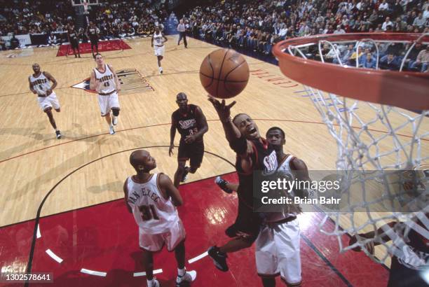 Allen Iverson, Shooting Guard and Point Guard for the Philadelphia 76ers drives to the basket to make a one handed lay up shot during the NBA Pacific...