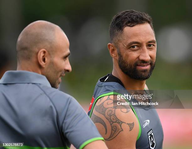 Benji Marshall of the Maori All Stars looks on during a Maori Men's All Star training session at Jack Manski Oval on February 17, 2021 in Townsville,...