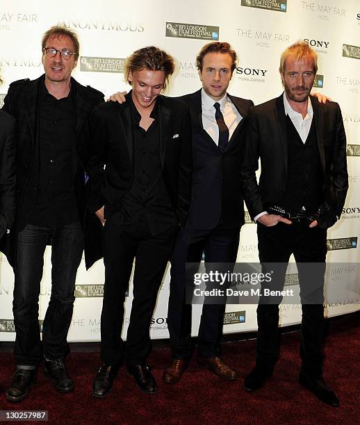 Actors David Thewlis, Jamie Campbell-Bower, Rafe Spall and Rhys Ifans attend the premiere of 'Anonymous' during the 55th BFI London Film Festival at...