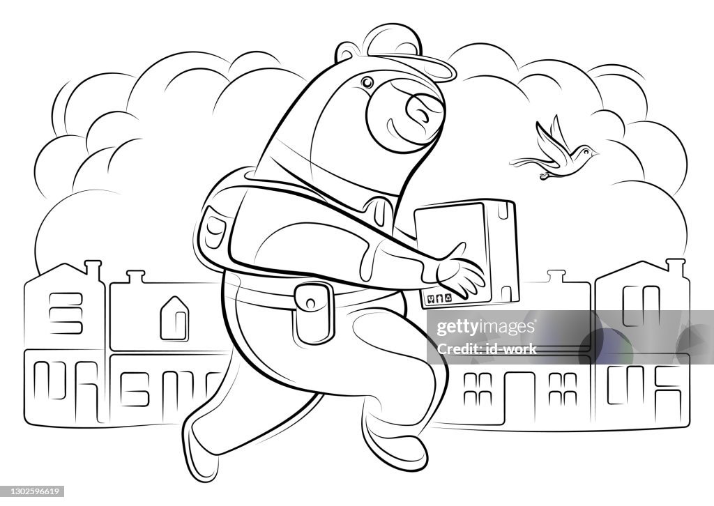 Courier bear carrying parcel line drawing