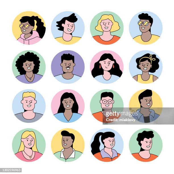 ilustrações de stock, clip art, desenhos animados e ícones de people avatars in circles - facial expressions flat design character