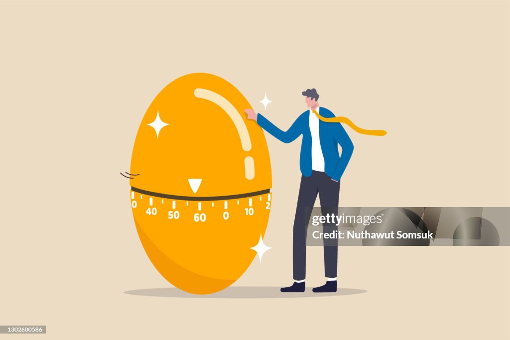Retirement pension fund, IRA, 401K, Roth or ISA account in UK, investment for money to use after retirement concept, businessman standing with countdown timer golden egg move approaching retired age.