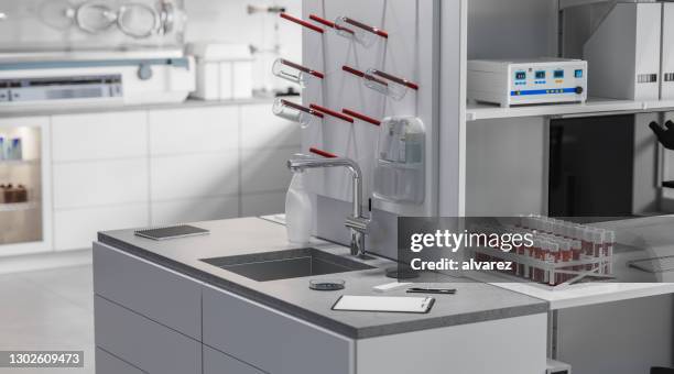 3d-render eines wissenschaftslabors - blood in sink stock-fotos und bilder