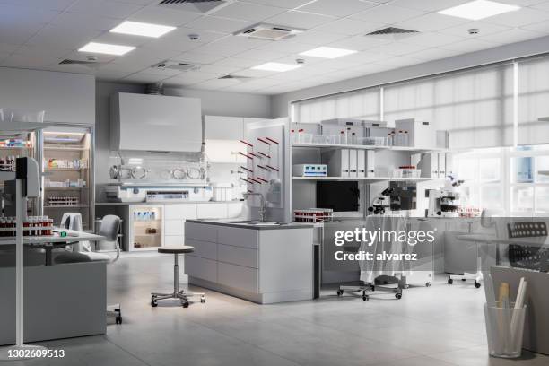 3d-rendering eines modernen laborinnenraums - forschungsstätte stock-fotos und bilder