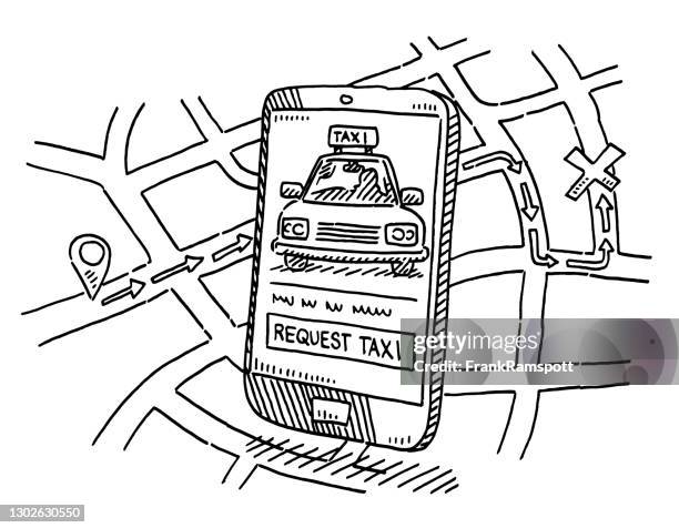 ilustraciones, imágenes clip art, dibujos animados e iconos de stock de smartphone taxi app y ruta mapa dibujo - mechanical drawing car