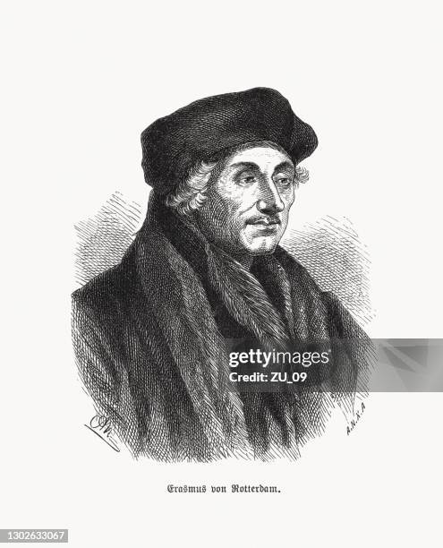 stockillustraties, clipart, cartoons en iconen met erasmus van rotterdam (1466-1536), nederlandse filosoof, houtgravure, gepubliceerd 1893 - rotterdam
