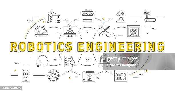 robotics engineering related modern line style vector illustration - engineer tablet stock illustrations