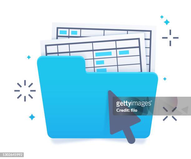ilustraciones, imágenes clip art, dibujos animados e iconos de stock de carpeta con hojas de cálculo almacenamiento de archivos digitales - cartera para documentos