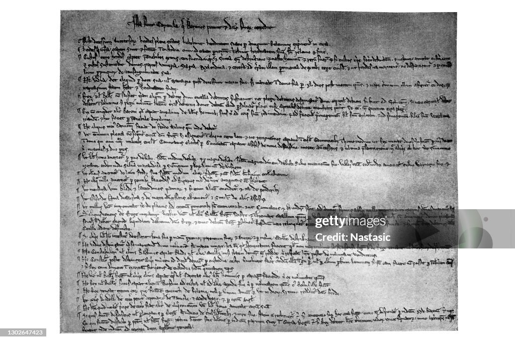 Magna Carta Libertatum (latin médiéval pour « Grande Charte des libertés »), communément appelé Magna Carta (aussi Magna Charta; « Grande Charte »), est une charte royale des droits convenue par le roi Jean d’Angleterre à Runnymede, près d