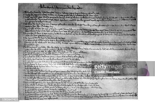 magna carta libertatum (medieval latin for "great charter of freedoms"), commonly called magna carta (also magna charta; "great charter"), is a royal charter of rights agreed to by king john of england at runnymede, near windsor, on 15 june 1215 - royalty free stock illustrations