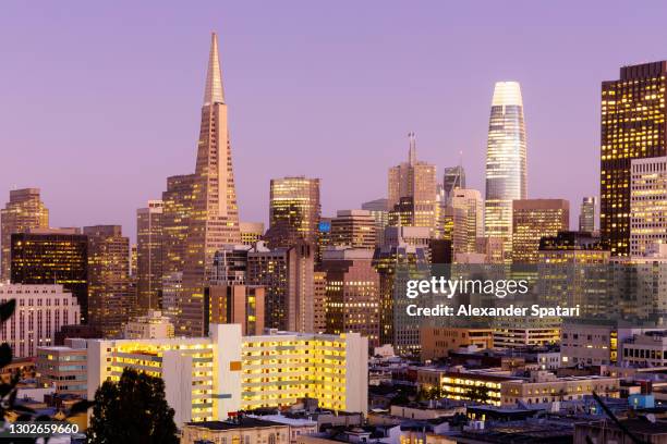 illuminated skyscrapers in san francisco at dusk, california, usa - transamerica pyramid san francisco stock pictures, royalty-free photos & images