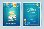 15th years birthday vector invitation double card. Fifteen years anniversary celebration brochure. Template of invitational for print on blue background