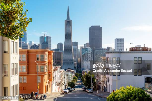 residential street and skyscrapers of san francisco financial district, california, usa - transamerica pyramid stock pictures, royalty-free photos & images