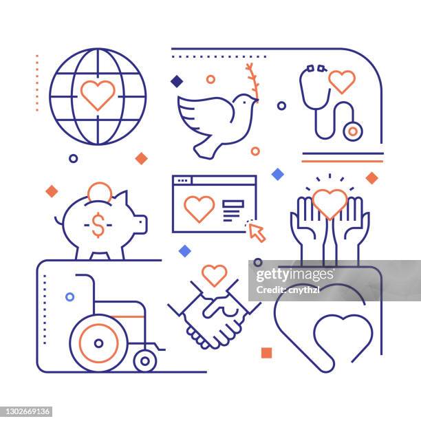 ilustrações de stock, clip art, desenhos animados e ícones de charity and donation related modern linear design vector illustration for web banner, website header, brochure, annual report etc. - charity and relief work