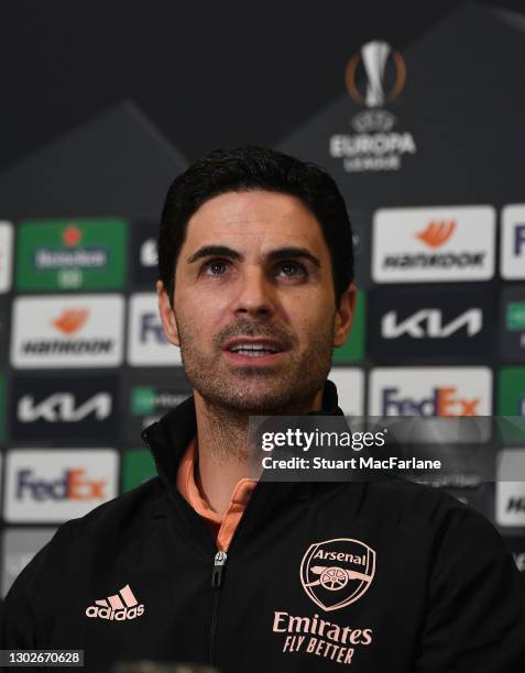 Arsenal manager Mikel Arteta attends a press conference at the team hotel before the UEFA Europa League Round of 32 match against SL Benfica on...