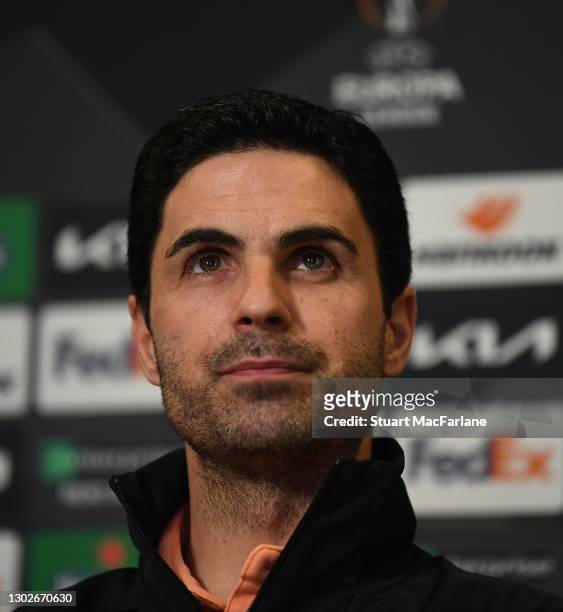 Arsenal manager Mikel Arteta attends a press conference at the team hotel before the UEFA Europa League Round of 32 match against SL Benfica on...