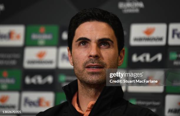 Arsenal manager Mikel Arteta attends a press conference at the team hotel before the UEFA Europa League Round of 32 match against SL Benfica on...