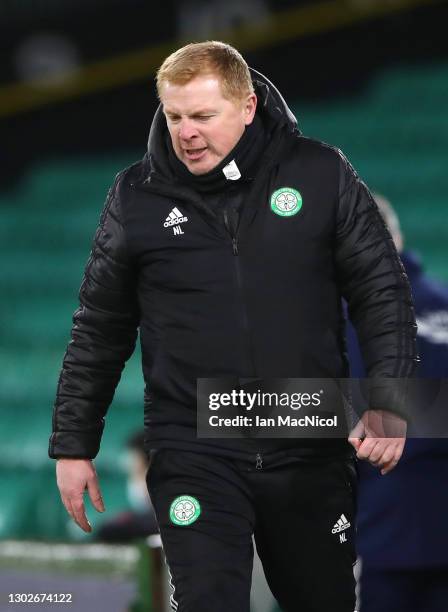 Neil Lennon, Manager of Celtic reacts during the Ladbrokes Scottish Premiership match between Celtic and Aberdeen at Celtic Park on February 17, 2021...