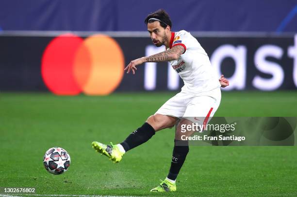Suso of Sevilla scores his team's first goal during the UEFA Champions League Round of 16 match between Sevilla FC and Borussia Dortmund at Estadio...