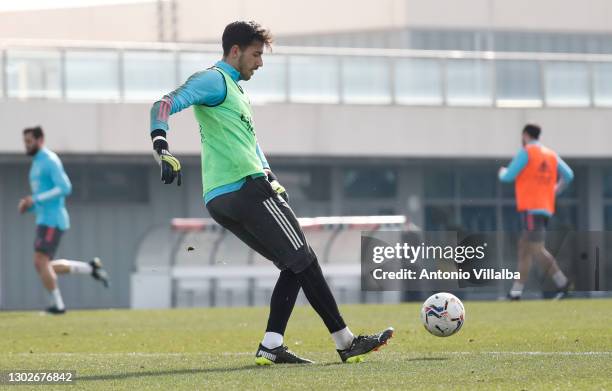 Diego Altube of Real Madrid takes part on a training session at Valdebebas training ground on February 17, 2021 in Madrid, Spain.