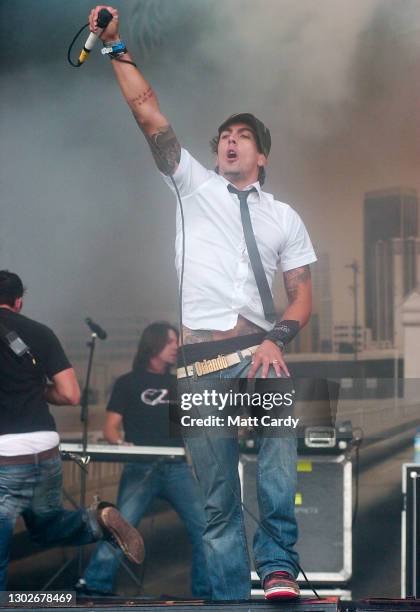 Ian Watkins lead singer of the Lostprophets performs on the main Pyramid Stage at Worthy Farm, in Pilton, Somerset on June 26, 2004 near Glastonbury,...