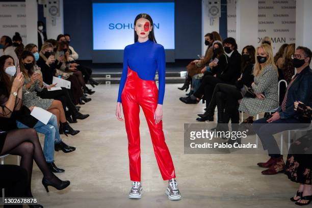 Model walks the runway during the 'Relieve' fashion show at the White Lab Gallery on February 17, 2021 in Madrid, Spain.