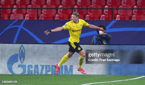 Erling Haaland of Borussia Dortmund celebrates after scoring his team's third goal during the UEFA Champions League Round of 16 match between Sevilla...