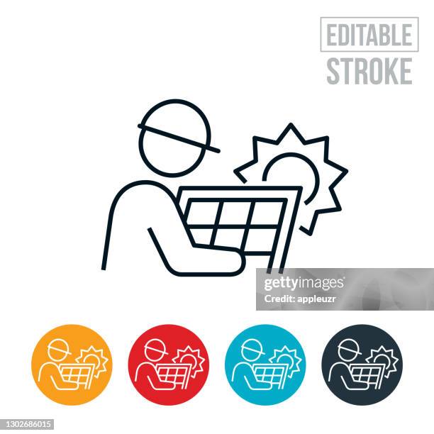 technician working on solar panels thin line icon - editable stroke - solar installation stock illustrations