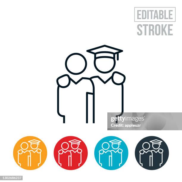 stockillustraties, clipart, cartoons en iconen met familly lid met arm around shoulder of graduate thin line icon - bewerkbare slag - afstudeer toga