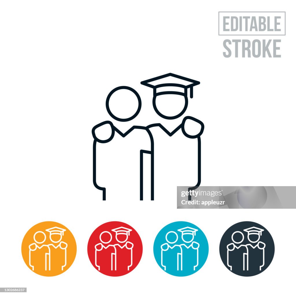 Familly Member with Arm Around Shoulder of Graduate Thin Line Icon - Editable Stroke