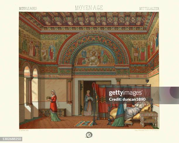 interior of lordly dwelling, romano byzantine, feudal life, 10th to 11th cnetury - empire style furniture stock illustrations
