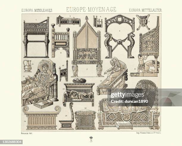 examples of medieval furniture, 7th to 14th century, beds, thrones, chairs - medieval throne stock illustrations