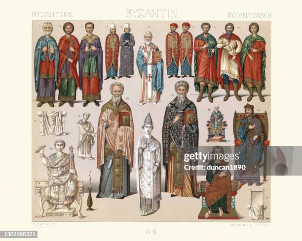 civilian and religious costumes of byzantine empire, history of fashion - greek orthodox stock illustrations