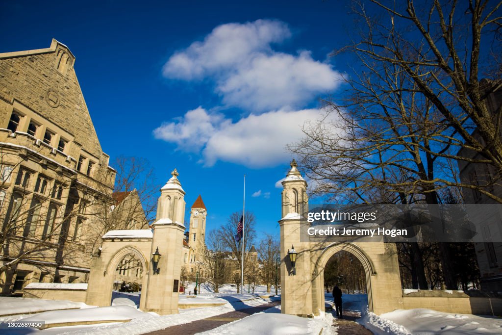 Snow at Indiana University’s Sample Gates