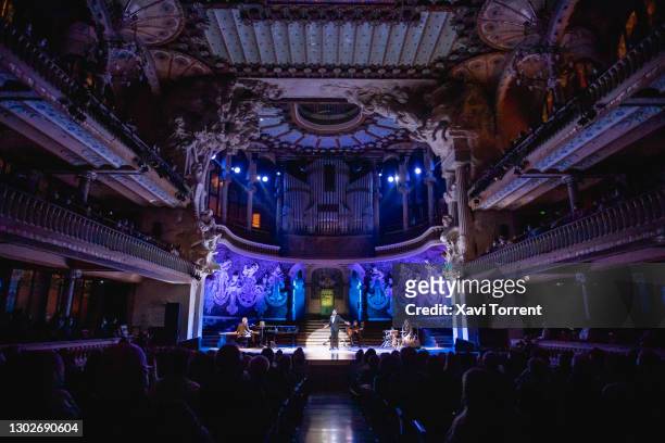Miguel Poveda performs in concert at Palau de la Música Catalana during the Voll-Damm Barcelona International Jazz Festival on February 17, 2021 in...
