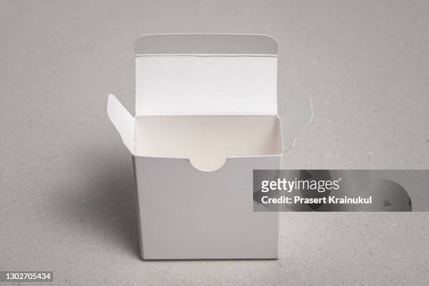blank packaging boxes - open and closed mockup, isolated on white background - white box packaging stock pictures, royalty-free photos & images