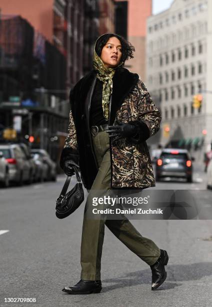 Model Joline Braun is seen wearing a vintage outfit, Balenciaga shoes and a Coach bag during New York Fashion Week F/W21 on February 17, 2021 in New...