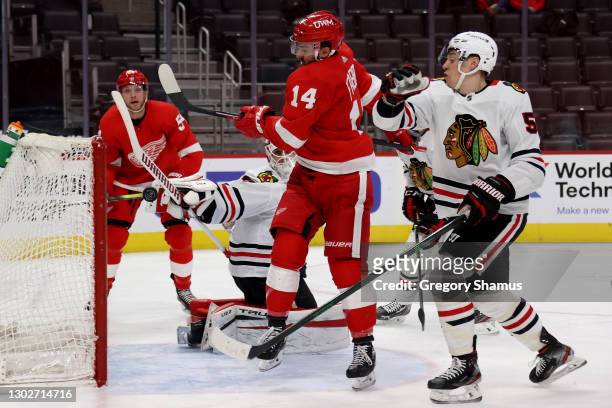 Robby Fabbri of the Detroit Red Wings tries to hit the puck out of mid air along with Kevin Lankinen of the Chicago Blackhawks during the second...