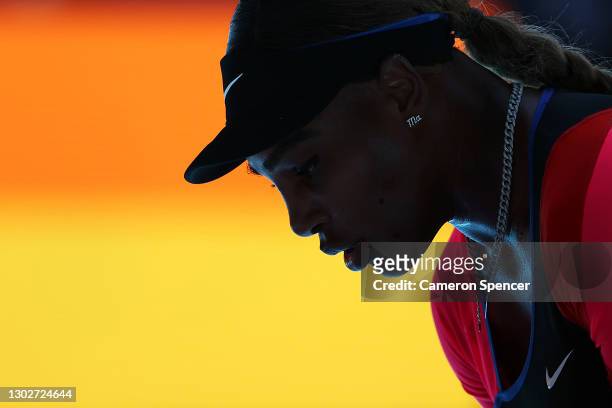 Serena Williams of the United States looks on in her Women’s Singles Semifinals match against Naomi Osaka of Japan during day 11 of the 2021...